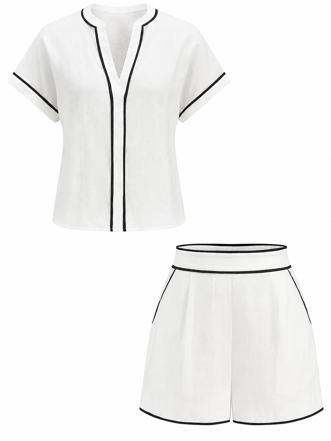 White Black Piping Short Sleeve Top and High-Waisted Shorts Two-Piece Set