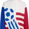White Color-Block Track Jacket with Blue and Red Sleeves and Geometric Print