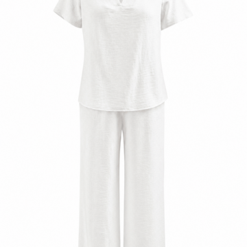 White V-Neck Two-Piece Set with Cutout Shoulders and Wide-Leg Pants
