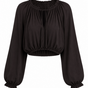 Black Balloon Sleeve Keyhole Tie Blouson Top