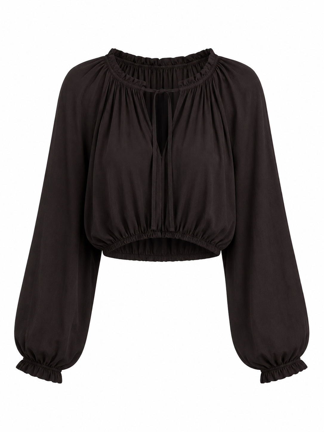 Black Balloon Sleeve Keyhole Tie Blouson Top