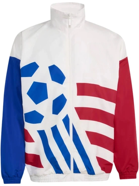 White Color-Block Track Jacket with Blue and Red Sleeves and Geometric Print