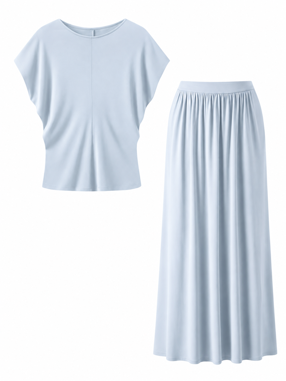 Light Blue Two-Piece Set with Dolman-Sleeve Top and Maxi Skirt