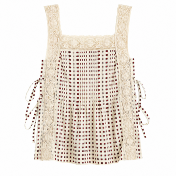 Cream Crochet Lace Checkered Sleeveless Top with Side Ties