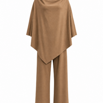 Camel Brown Draped Cowl-Neck Two-Piece Set with Wide-Leg Pants