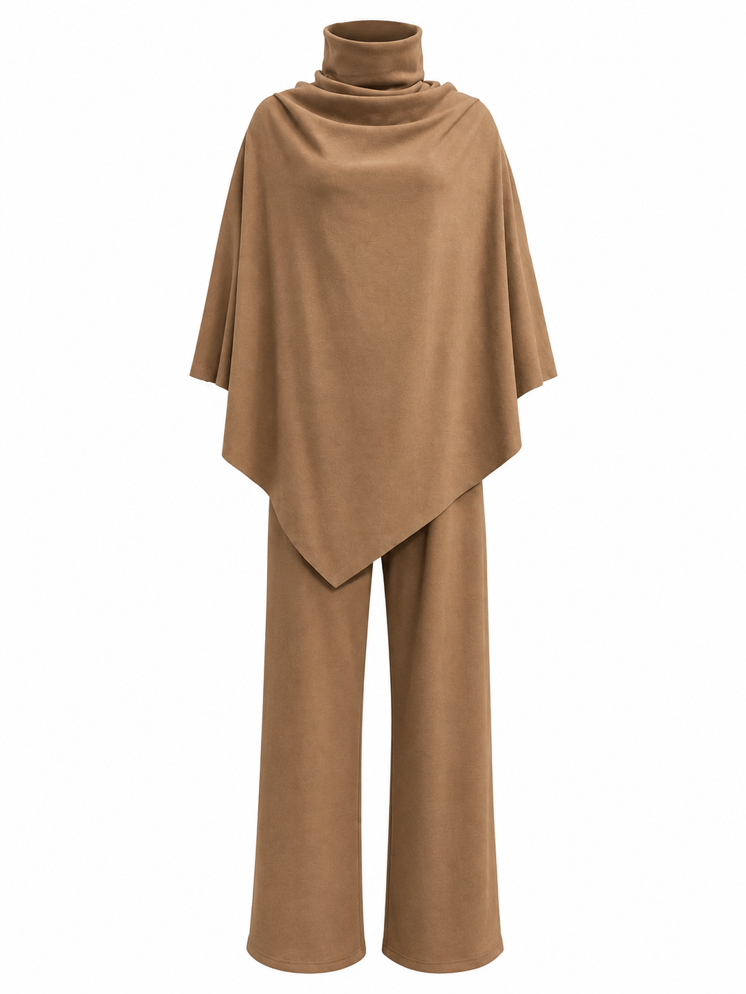 Camel Brown Draped Cowl-Neck Two-Piece Set with Wide-Leg Pants