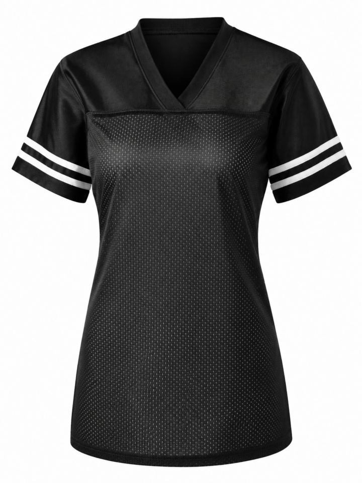 Black Mesh V-Neck Athletic T-Shirt with White Side Stripes