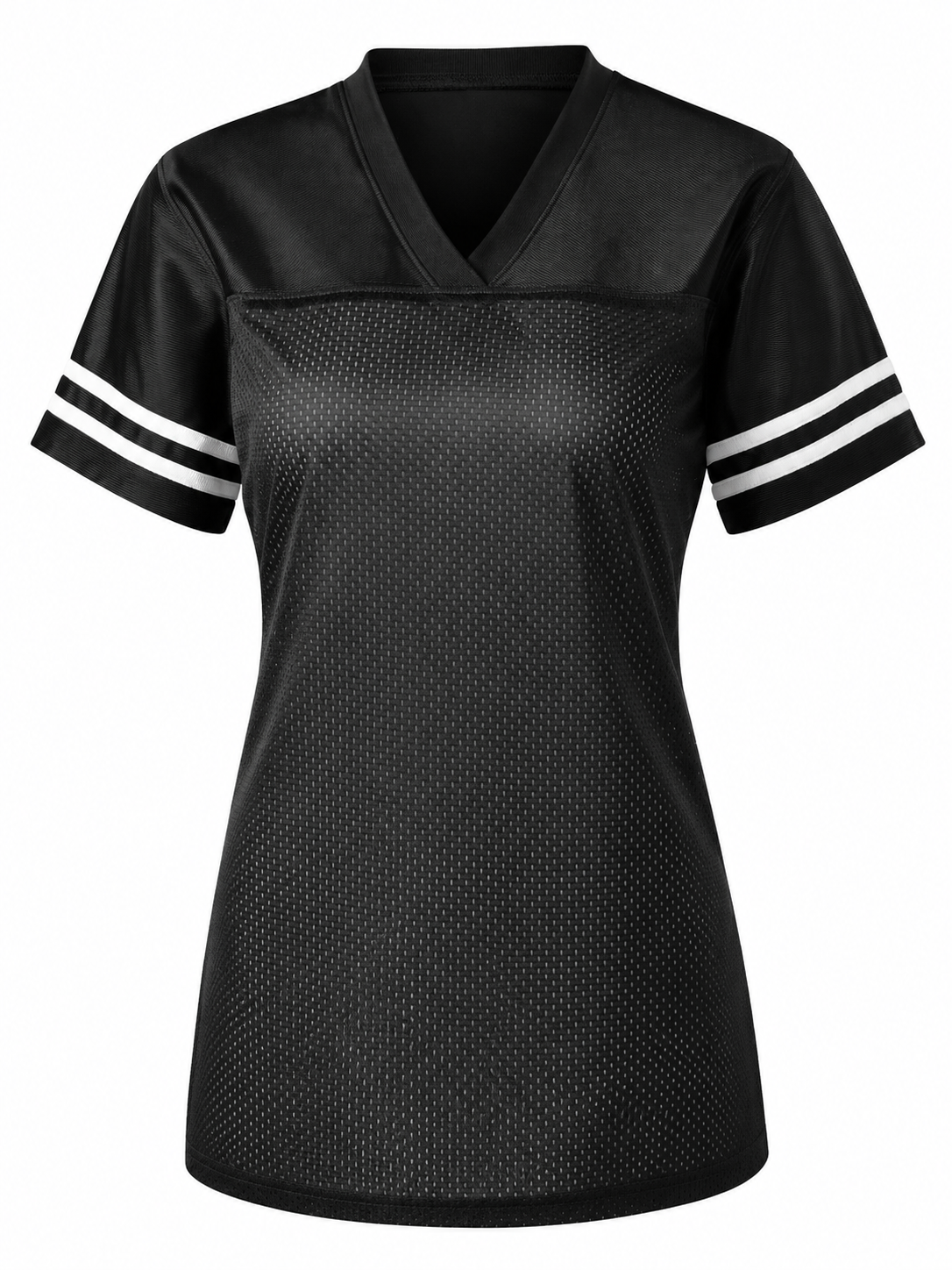 Black Mesh V-Neck Athletic T-Shirt with White Side Stripes