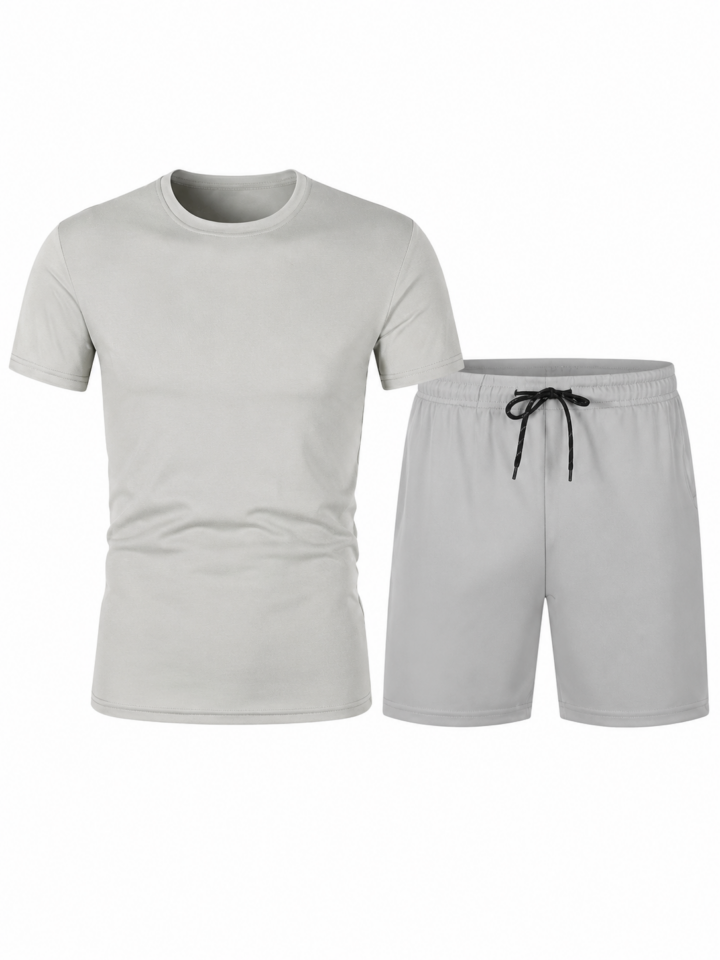 Light Grey Crewneck T-Shirt and Drawstring Shorts Set