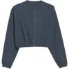 Dark Blue-Grey Cropped Zip-Up Jacket with Collarless Neckline and Elastic Hem