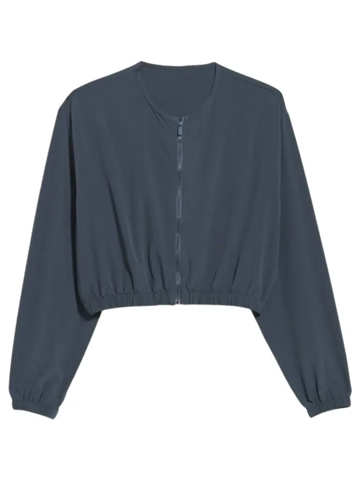 Dark Blue-Grey Cropped Zip-Up Jacket with Collarless Neckline and Elastic Hem