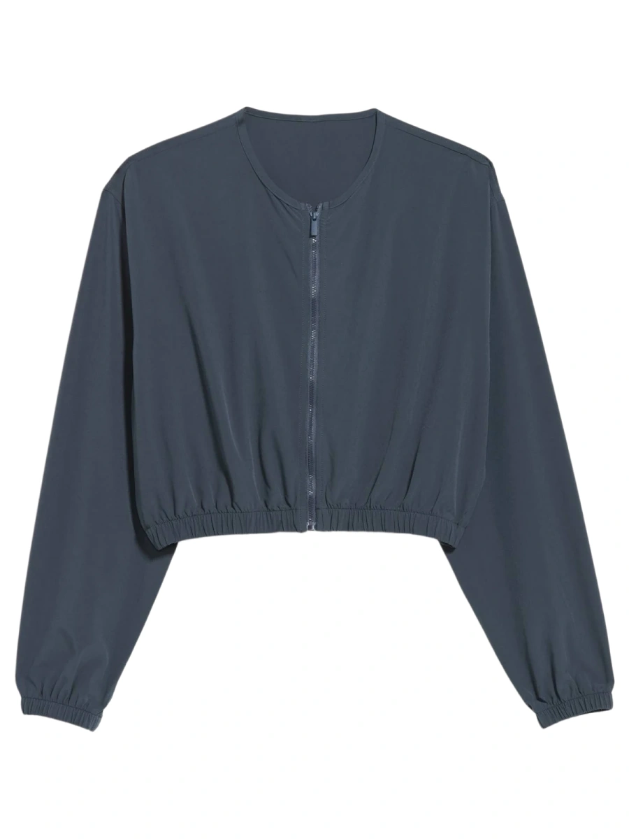 Dark Blue-Grey Cropped Zip-Up Jacket with Collarless Neckline and Elastic Hem