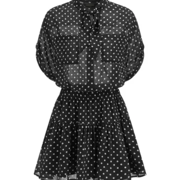 Black Polka Dot Tie-Neck Balloon Sleeve Mini Dress