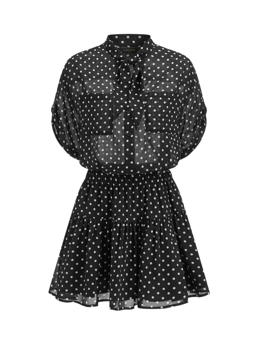 Black Polka Dot Tie-Neck Balloon Sleeve Mini Dress