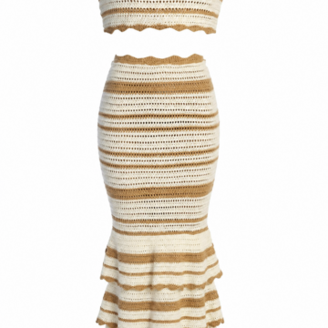 Cream and Tan Striped Open-Knit Off-Shoulder Top and Maxi Skirt Set
