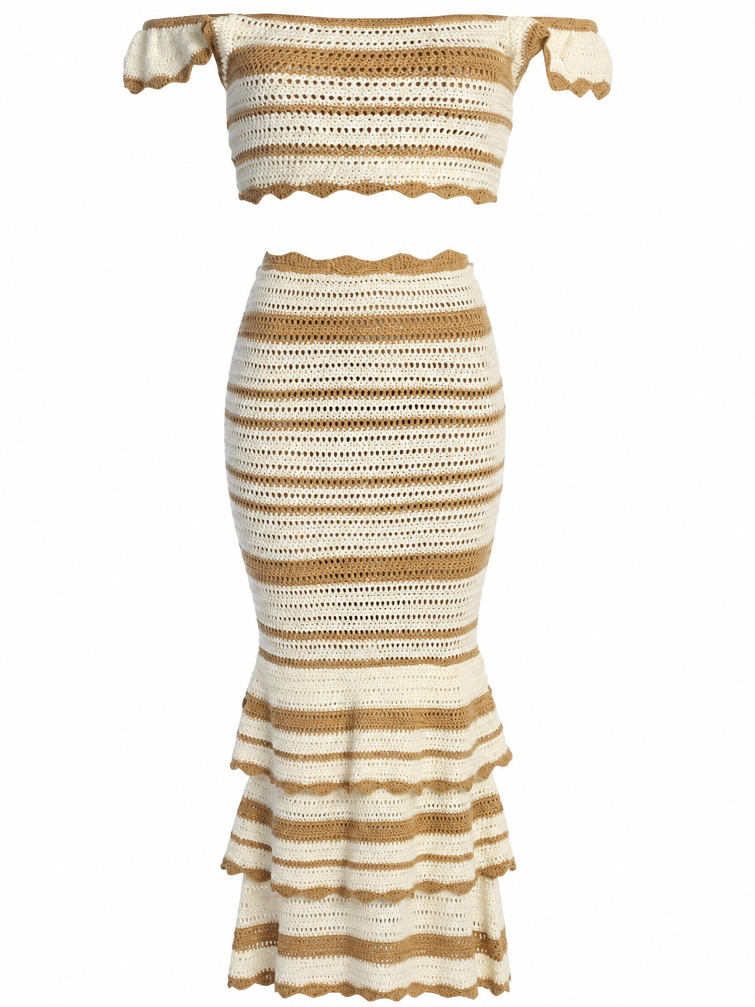 Cream and Tan Striped Open-Knit Off-Shoulder Top and Maxi Skirt Set