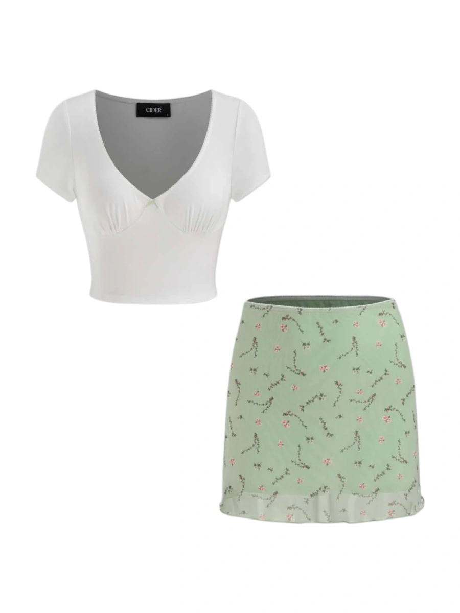 White V-Neck Crop Top and Sage Green Floral Mini Skirt Set