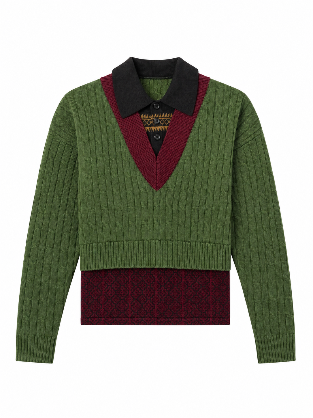 Olive Green Cable Knit V-Neck Sweater with Black Pointed Collar