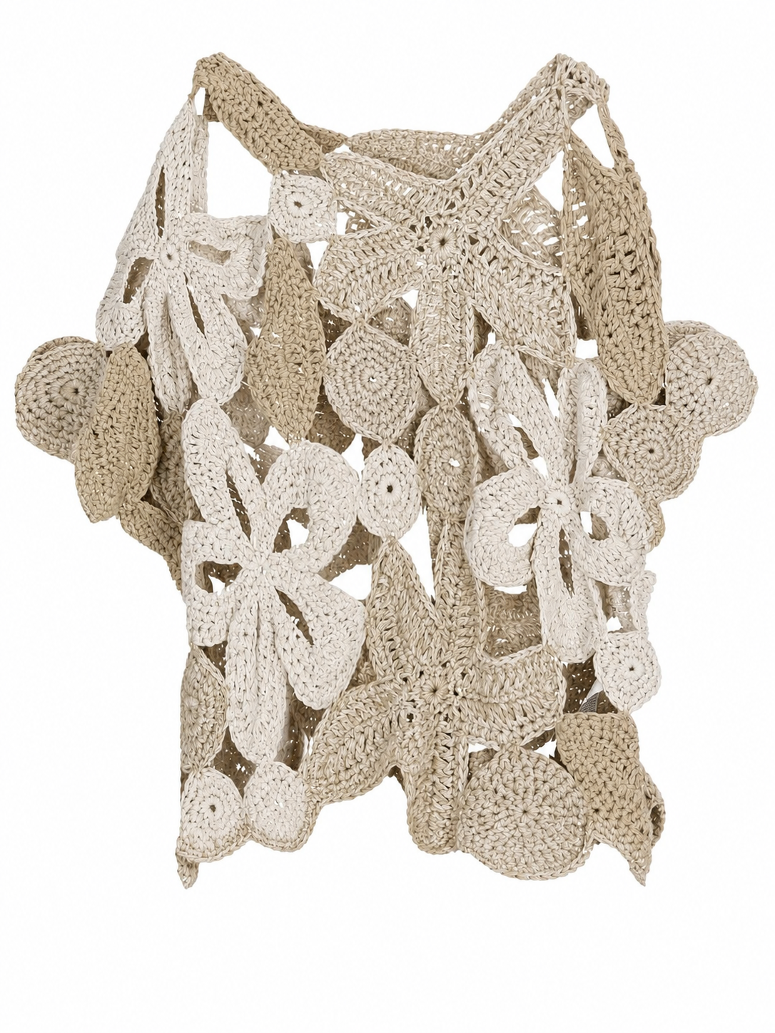 Cream and Beige Crochet Sleeveless Top with Openwork Motifs
