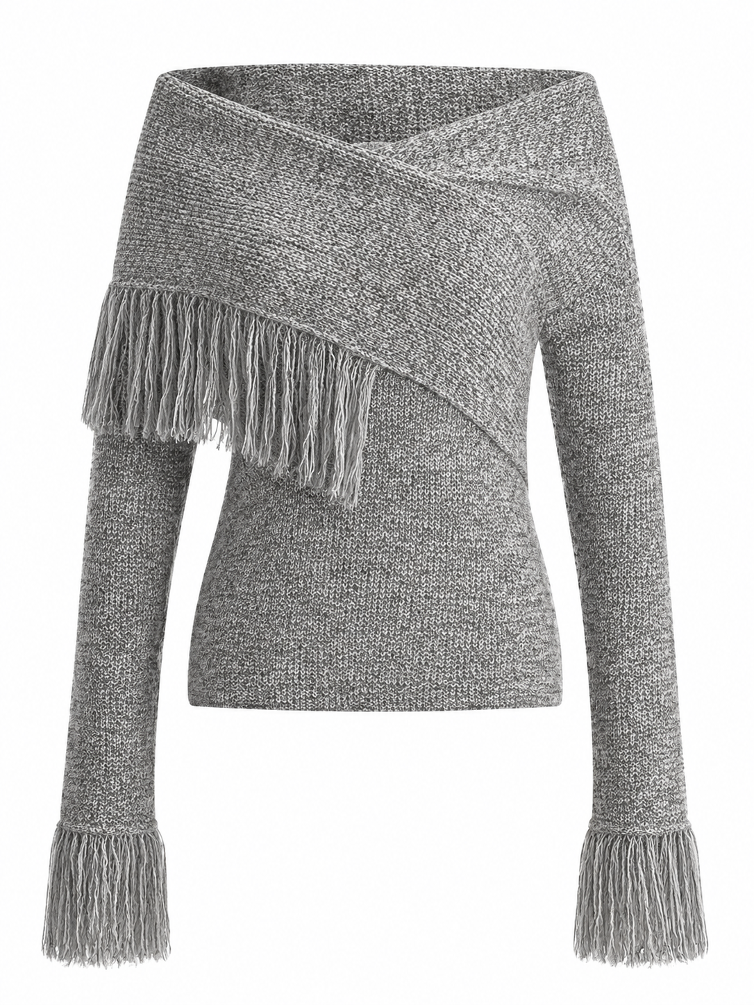 Heather Grey Off-Shoulder Fringe Knit Sweater