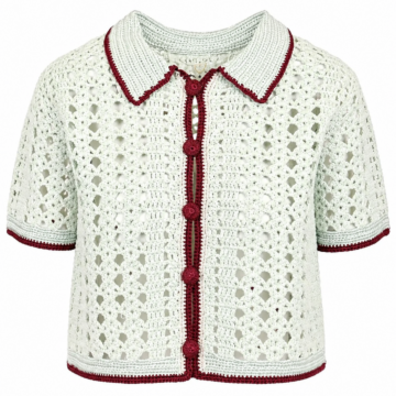 Cream Crochet Short-Sleeve Cardigan with Red Trim