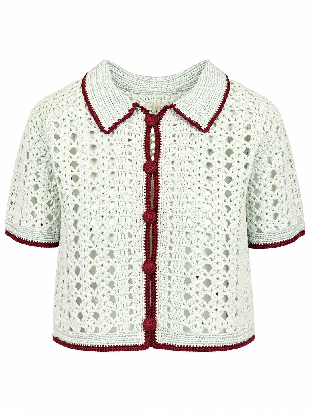 Cream Crochet Short-Sleeve Cardigan with Red Trim