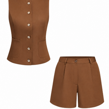 Brown Sleeveless Button-Front Vest and High-Waisted Tailored Shorts Set