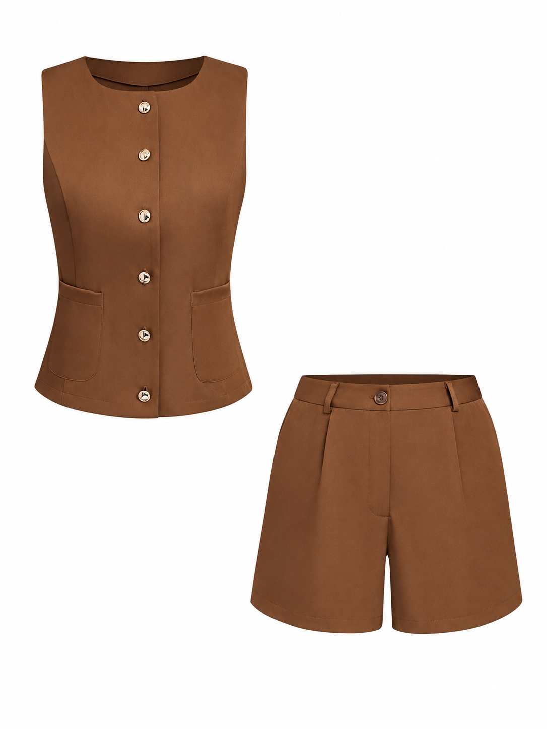 Brown Sleeveless Button-Front Vest and High-Waisted Tailored Shorts Set