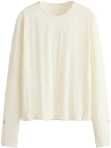 Off-White Oversized Boxy Crew Neck Top with Floral Sleeve Embroidery