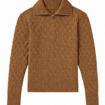 Brown Quarter-Zip Basketweave Knit Sweater