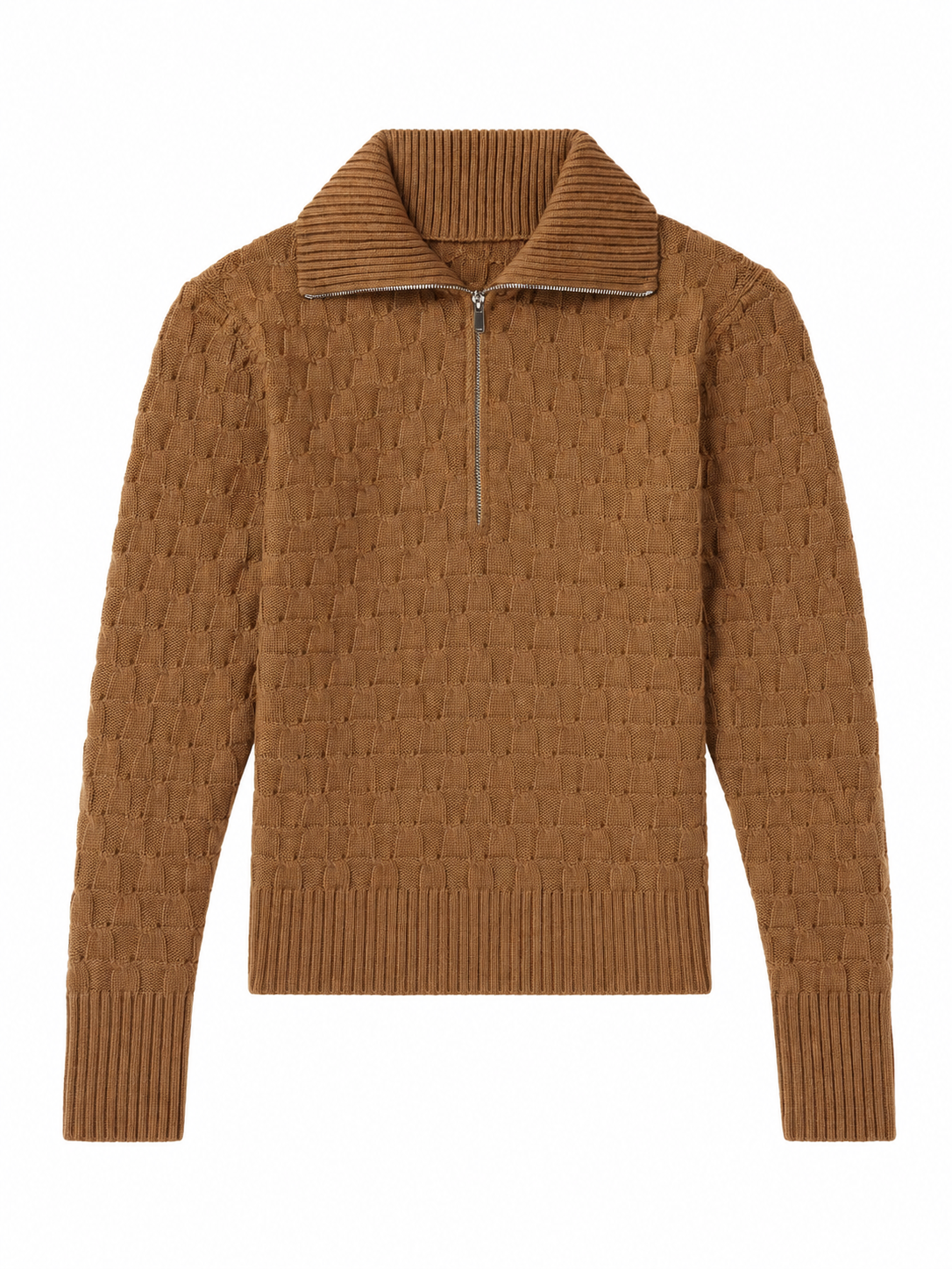 Brown Quarter-Zip Basketweave Knit Sweater
