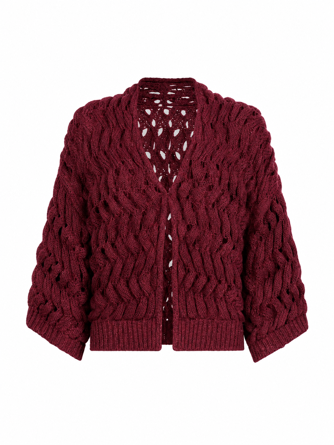 Burgundy Cable Knit Open Front Cardigan