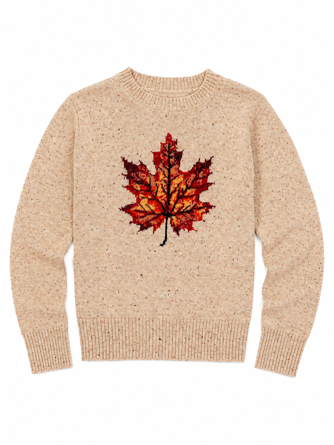 Beige Maple Leaf Crewneck Sweater