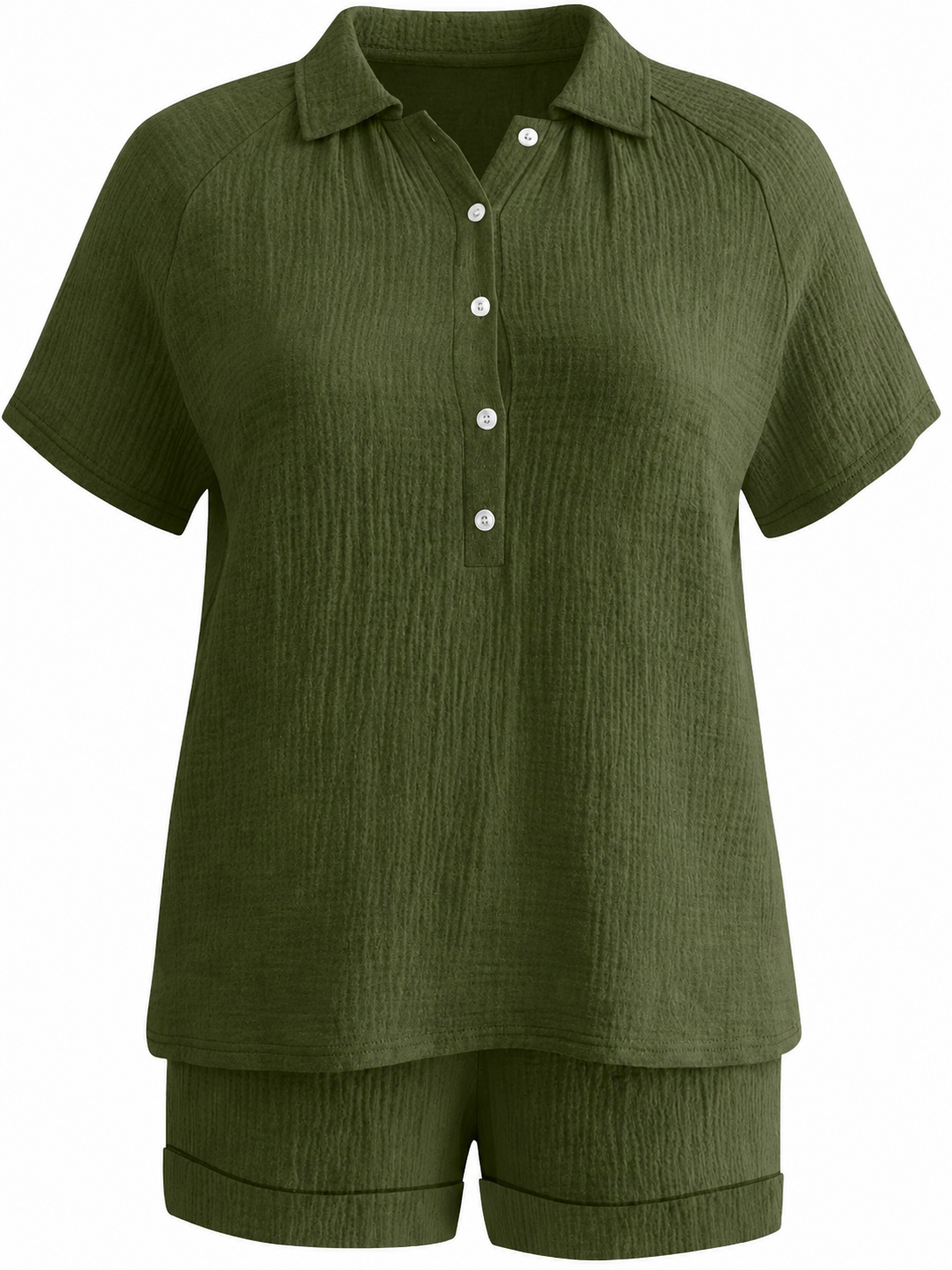 Dark Olive Green Crinkled Textured Collared Top and Cuffed Shorts Two-Piece Set