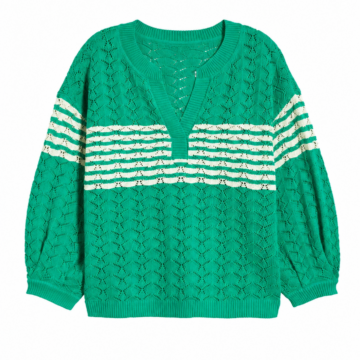 Green Striped Pointelle V-Neck Oversized Sweater