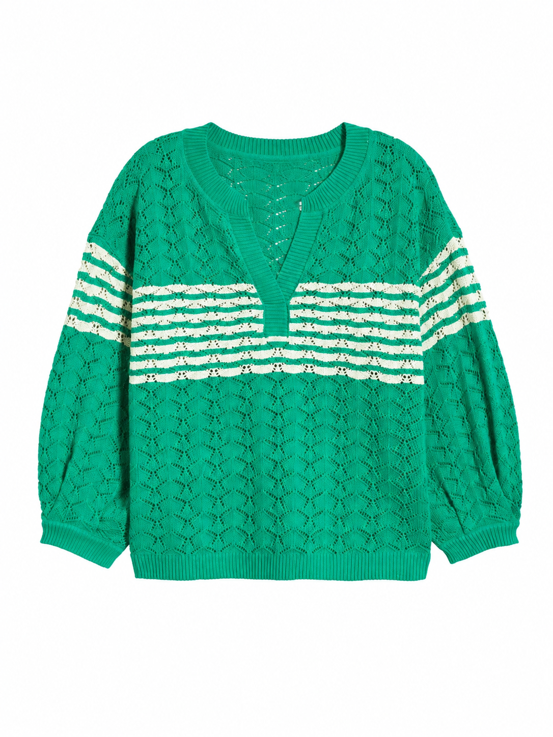 Green Striped Pointelle V-Neck Oversized Sweater