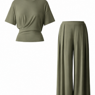 Sage Green Crew Neck T-Shirt and Wide-Leg Pants Set