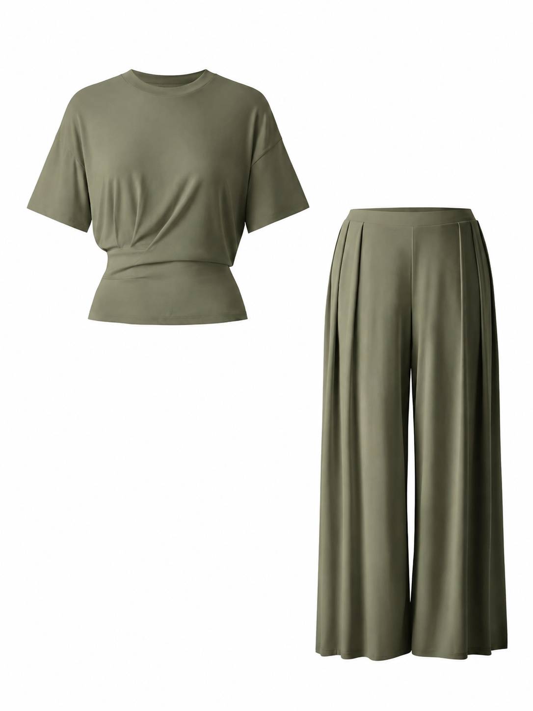 Sage Green Crew Neck T-Shirt and Wide-Leg Pants Set