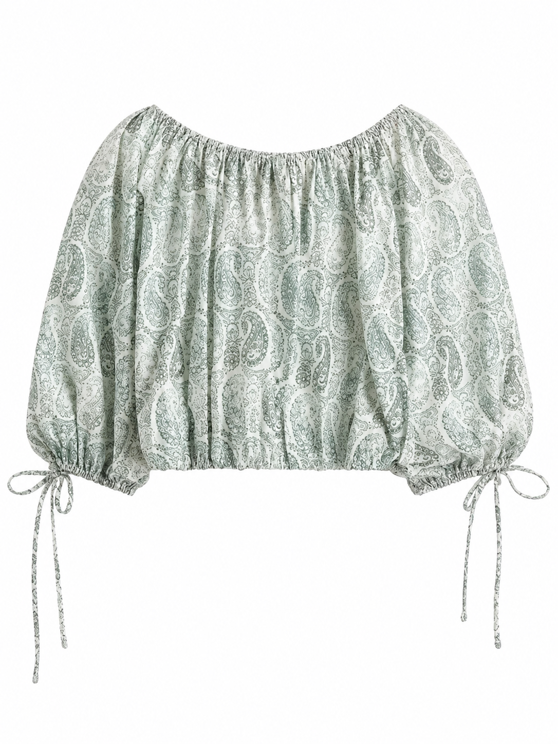 Light Green Paisley Off-Shoulder Blouson Top