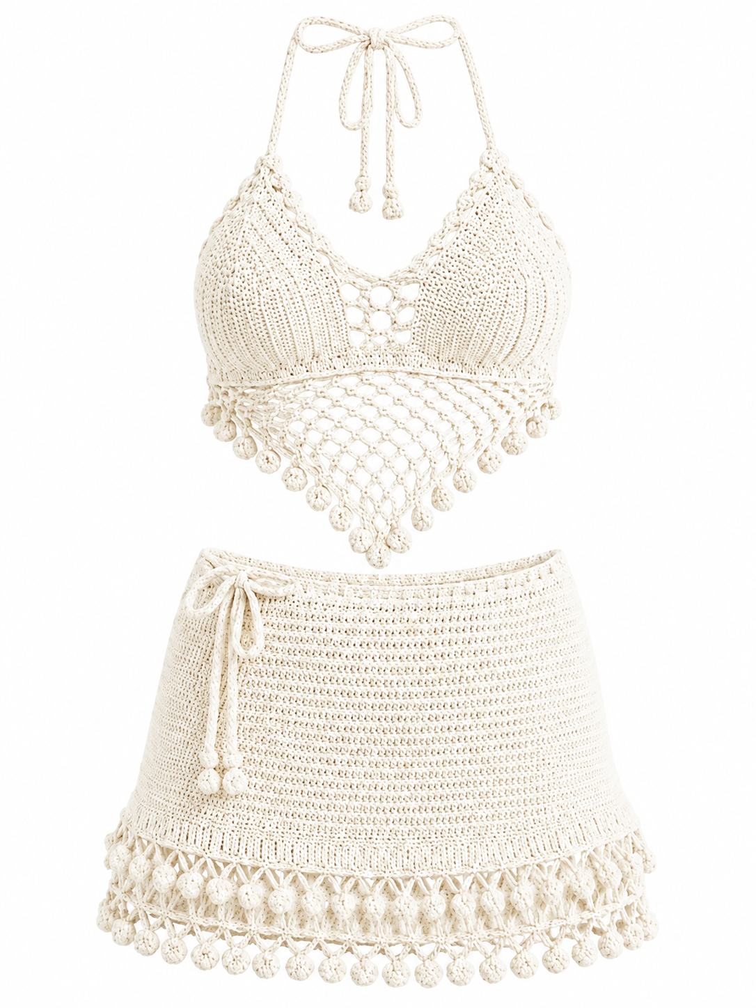 Cream Crochet Halter Top and Mini Skirt Two-Piece Set with Pompom Fringe