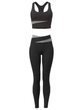 Black Racerback Sports Bra and High-Waisted Leggings Set with Grey Diagonal Stripe