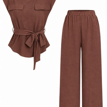 Brown Ribbed Two-Piece Set with Wide-Leg Trousers
