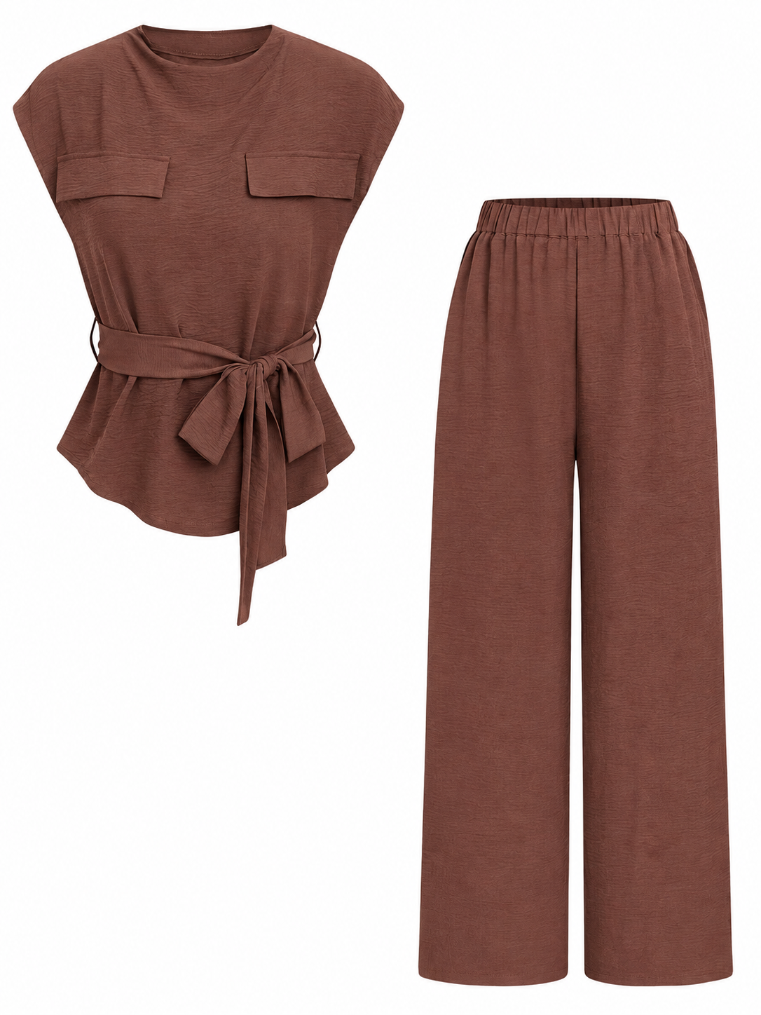 Brown Ribbed Two-Piece Set with Wide-Leg Trousers