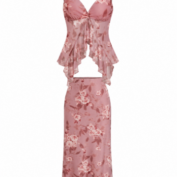 Dusty Rose Floral Print Sheer Cami and Midi Skirt Two-Piece Set