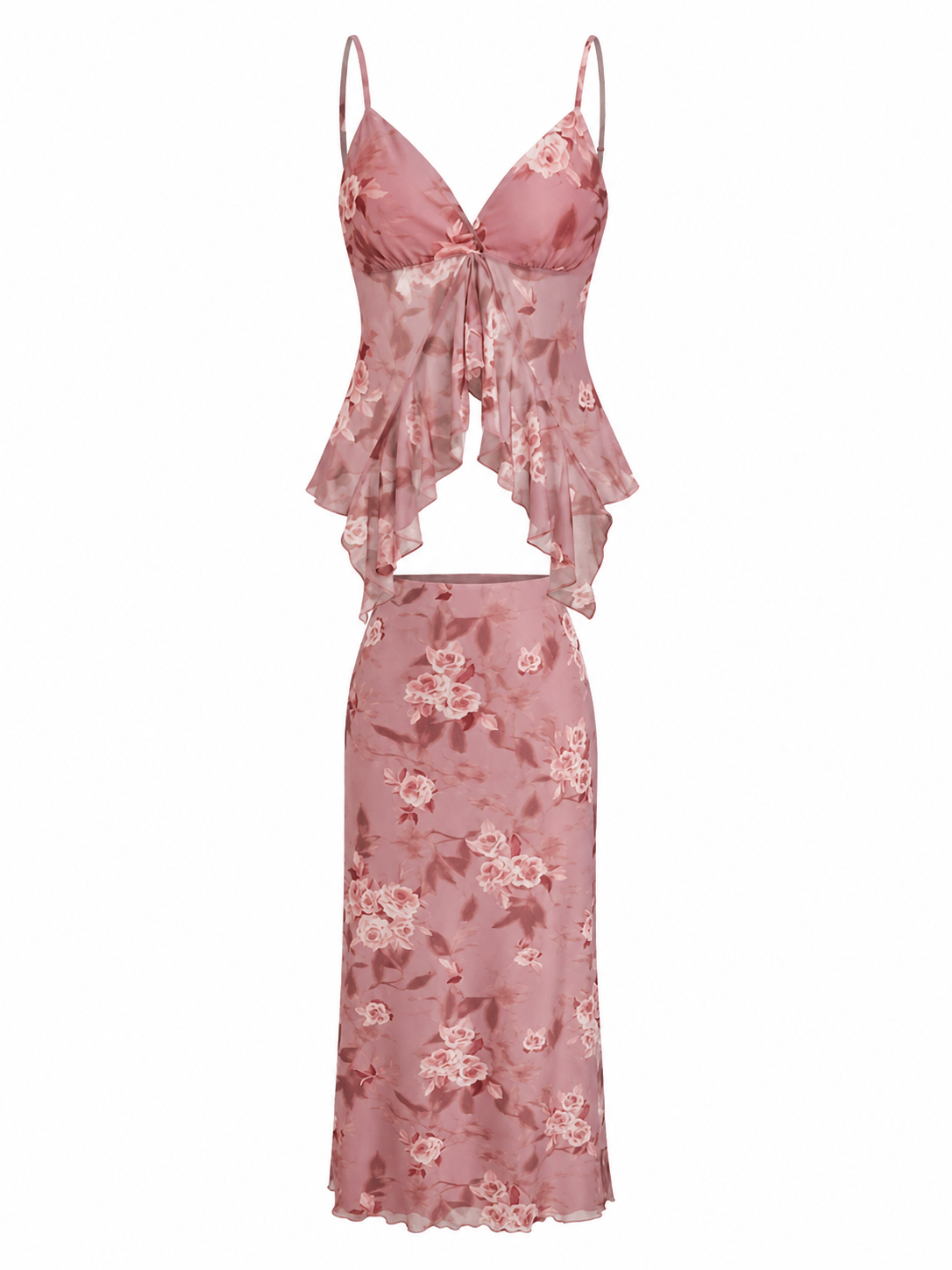 Dusty Rose Floral Print Sheer Cami and Midi Skirt Two-Piece Set