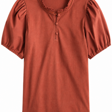 Rust Ruffle Neck Puff Sleeve Top with Covered Buttons