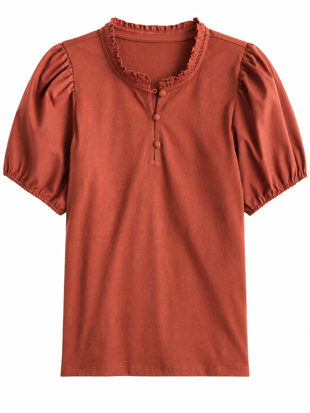 Rust Ruffle Neck Puff Sleeve Top with Covered Buttons