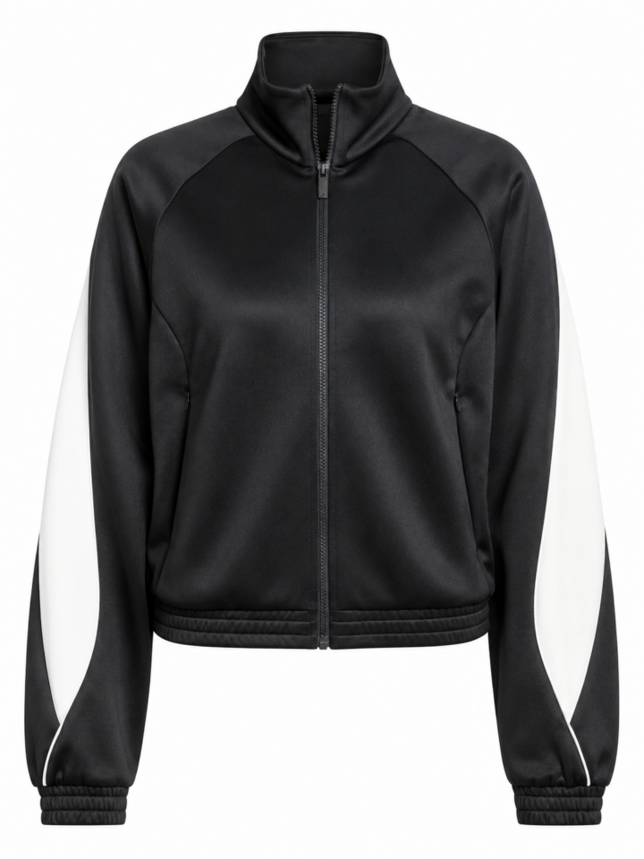 Black Full-Zip Track Jacket with White Curved Sleeve Panels