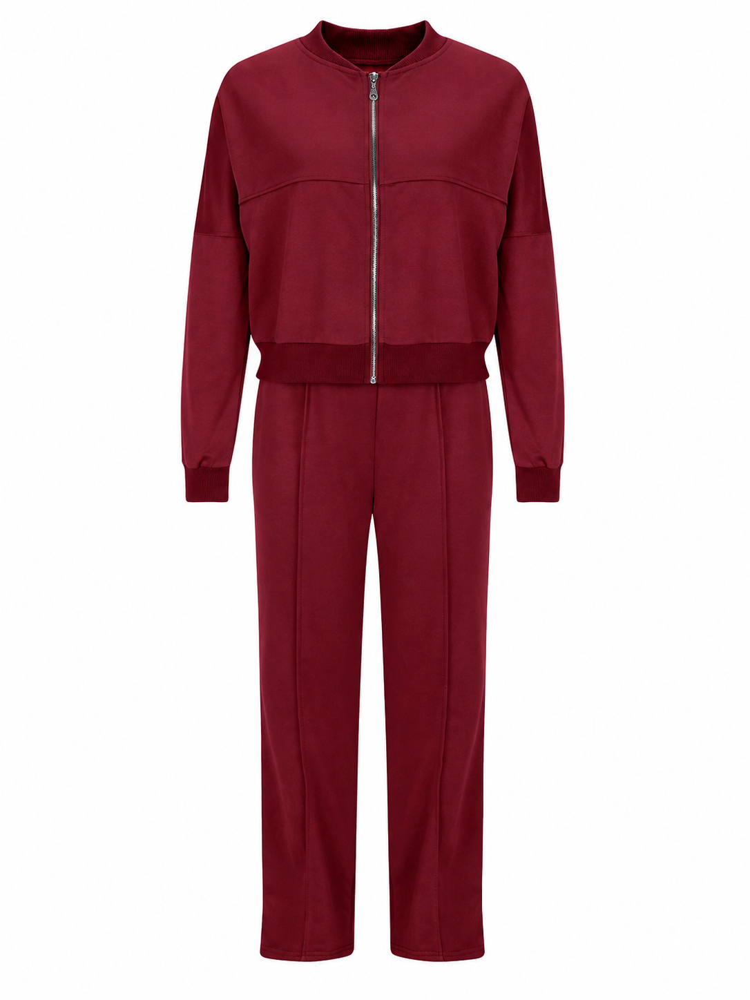 Burgundy Tracksuit Set with Bomber Jacket and Straight-Leg Pants