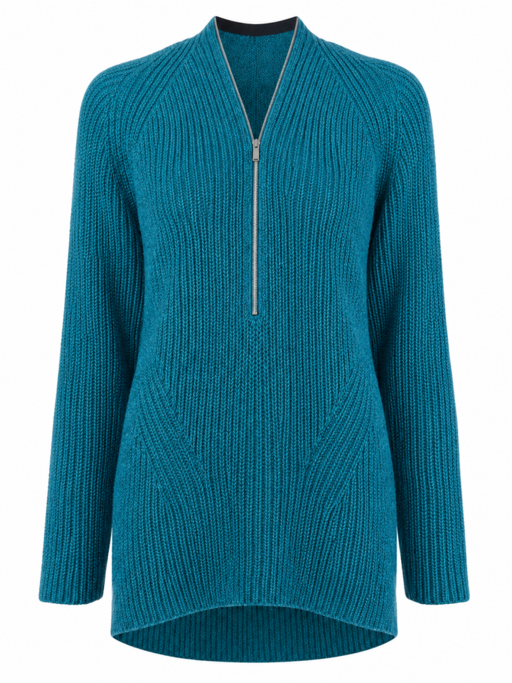 Teal Half-Zip Ribbed Knit Sweater